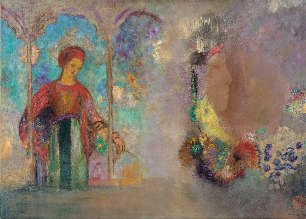 Nő egy gótikus játékteremben - Nő virágokkal - Peinture de Odilon Redon (1840-1916) alkotó: Odilon Redon