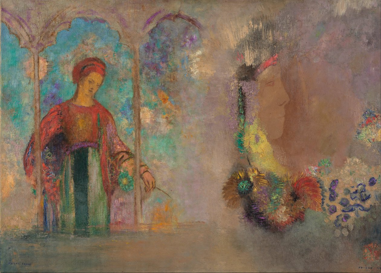 Nő egy gótikus árkádban: virágokkal díszített nő alkotó: Odilon Redon