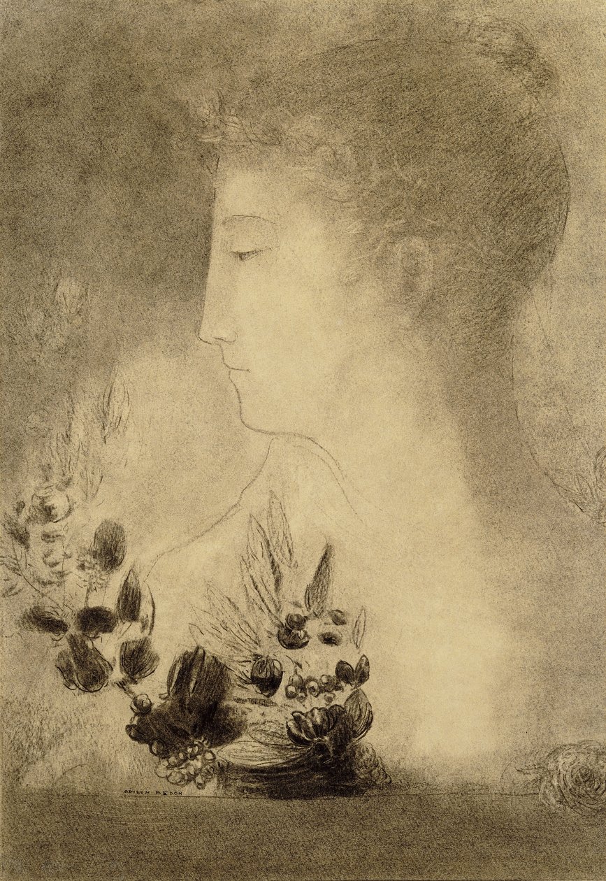 Nő profilban babérkoszorúval; Babérkoszorús nő profilja, alkotó: Odilon Redon