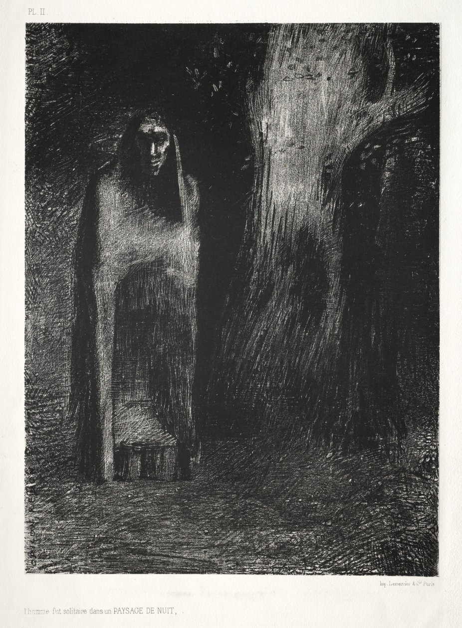 Az éjszaka: Az ember egyedül volt éjszakai tájon, 1886. alkotó: Odilon Redon Lemercier and Cie.