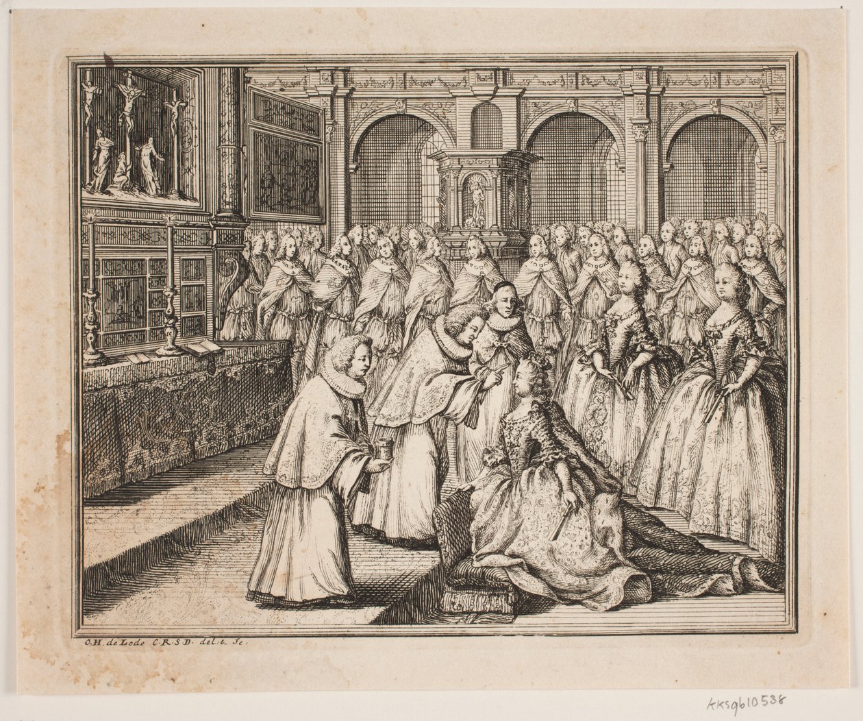 Hersleb püspök felkeni Lujza királynőt a Frederiksborg-palotatemplomban. Illusztráció IV. Frederik kenetének aktusához alkotó: Odvardt Helmoldt de Lode