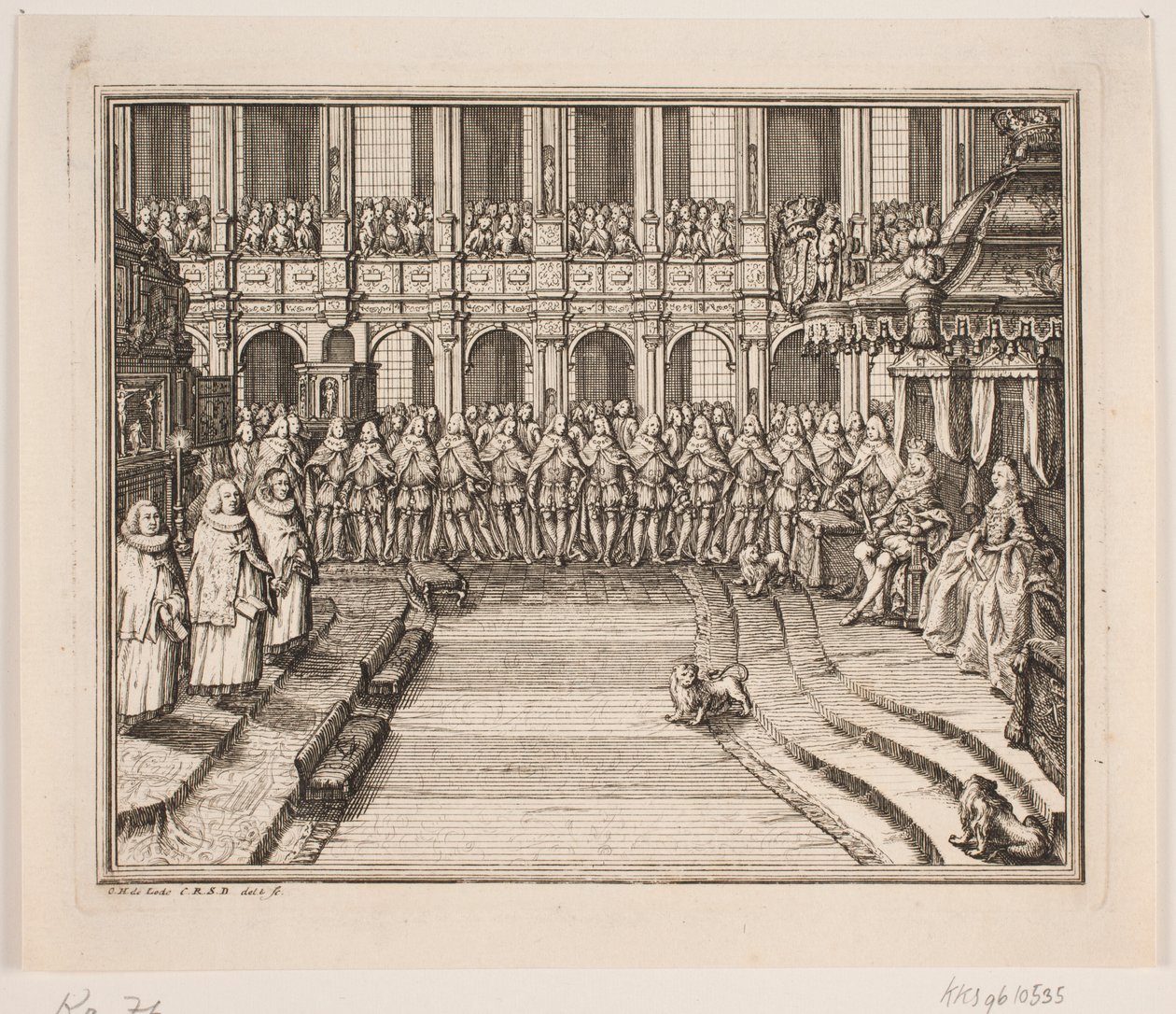 V. Frigyes király és Lujza királyné a felkenési szertartás során a Frederiksborg palotatemplomban. Illusztráció IV. Frederik kenetének aktusához alkotó: Odvardt Helmoldt de Lode