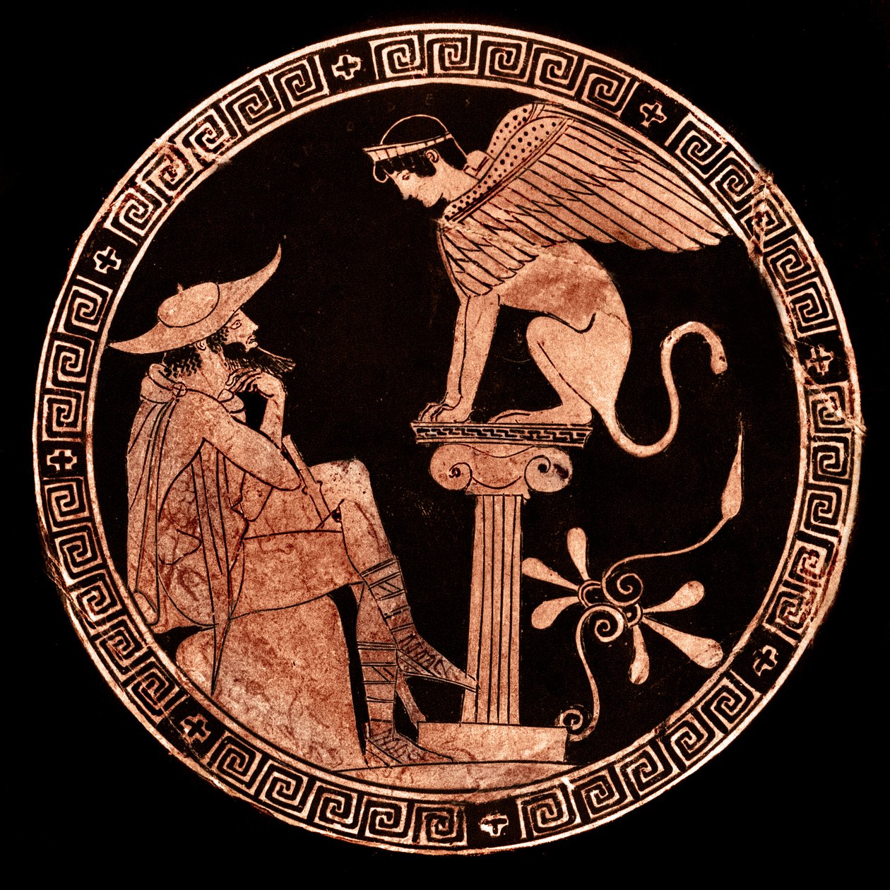 Oidiposzt és a Szfinxet ábrázoló, Vulci, attika kylix vörös figura, ie 470 körül (kerámia) alkotó: Oedipus Painter (attr. to)