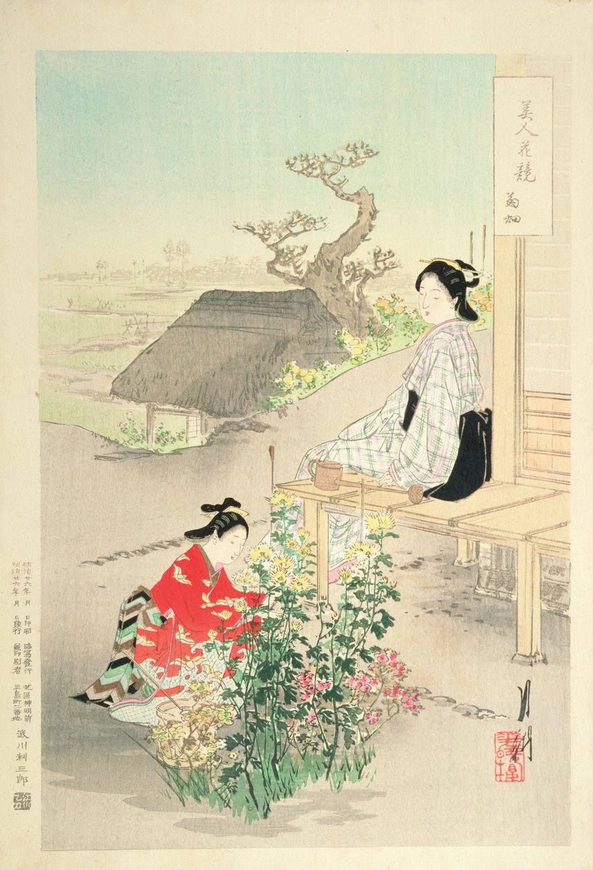 "Chrysanthemum Garden", a "Szépségek versengve a virágokkal" sorozatból, 1893 (színes fatömbnyomat) alkotó: Ogata Gekko