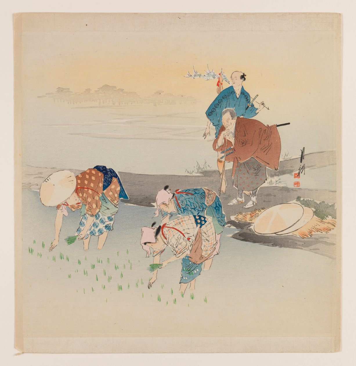 Férfi és nő rizst ültető, 1890-1910 körül (fatömb színes nyomat) alkotó: Ogata Gekko