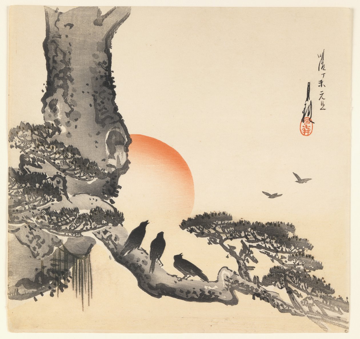 Varjak a fa törzsén, Meiji-korszak, 1890-1910 körül (színes fatömbnyomat) alkotó: Ogata Gekko
