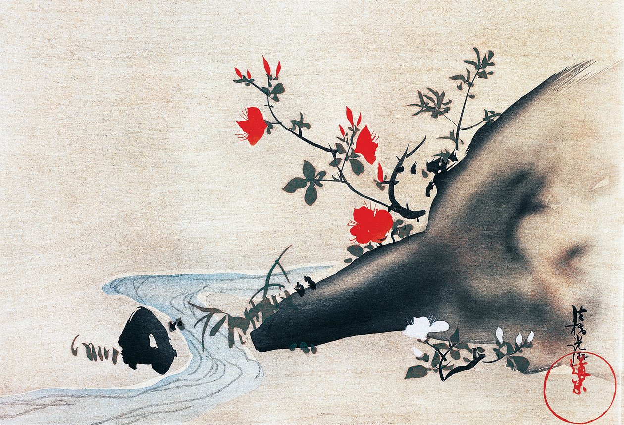Azáleák és patak, Korin Ogata (1658-1716) selyemre festett kakemonos (akasztott tekercsek), Edo-korszak (1603-1868), Japán. alkotó: Ogata Korin