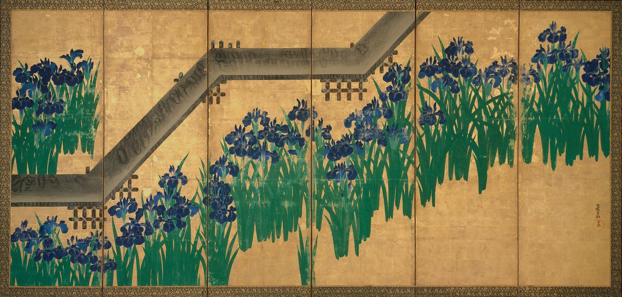 Íriszek a Yatsuhashi-nál (Nyolc híd), 1709 körül (tinta és szín aranylevélen, papíron) alkotó: Ogata Korin