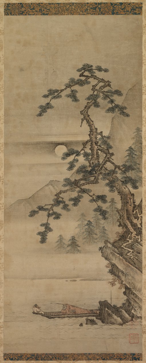 Holdfényes táj fenyővel, öregember csónakban, Muromachi-korszak, 1392-1573. alkotó: Oguri Sotan