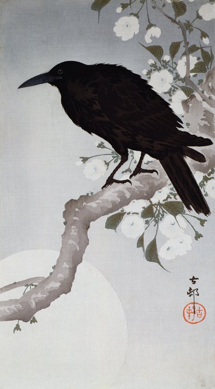 Fekete madár egy ágon a holdfényben, (színes fatömb nyomat) alkotó: Ohara Koson