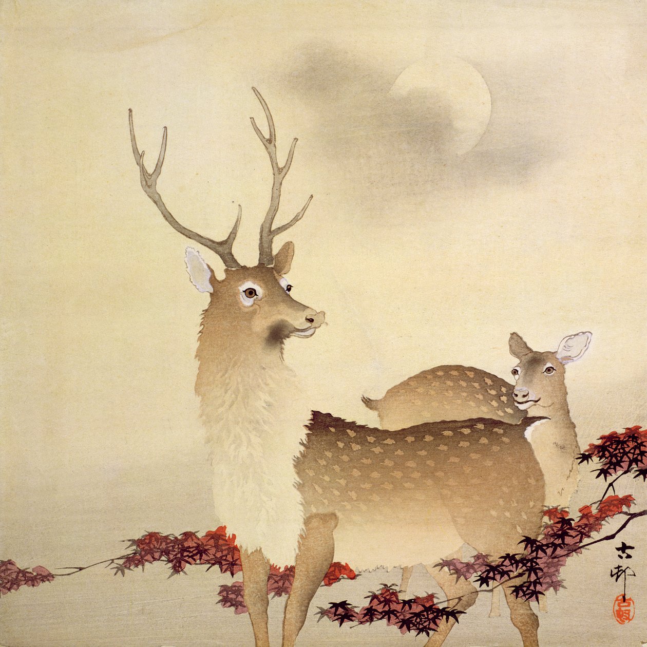 Egy szarvas és fiókái a Hold alatt, 1930 körül (színes fanyomat) alkotó: Ohara Koson