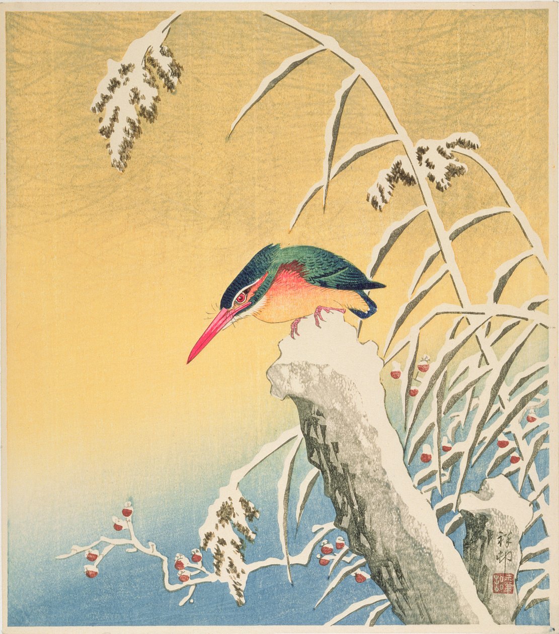 Jégmadár a hóban, 1935 (színes fametszet) alkotó: Ohara Koson