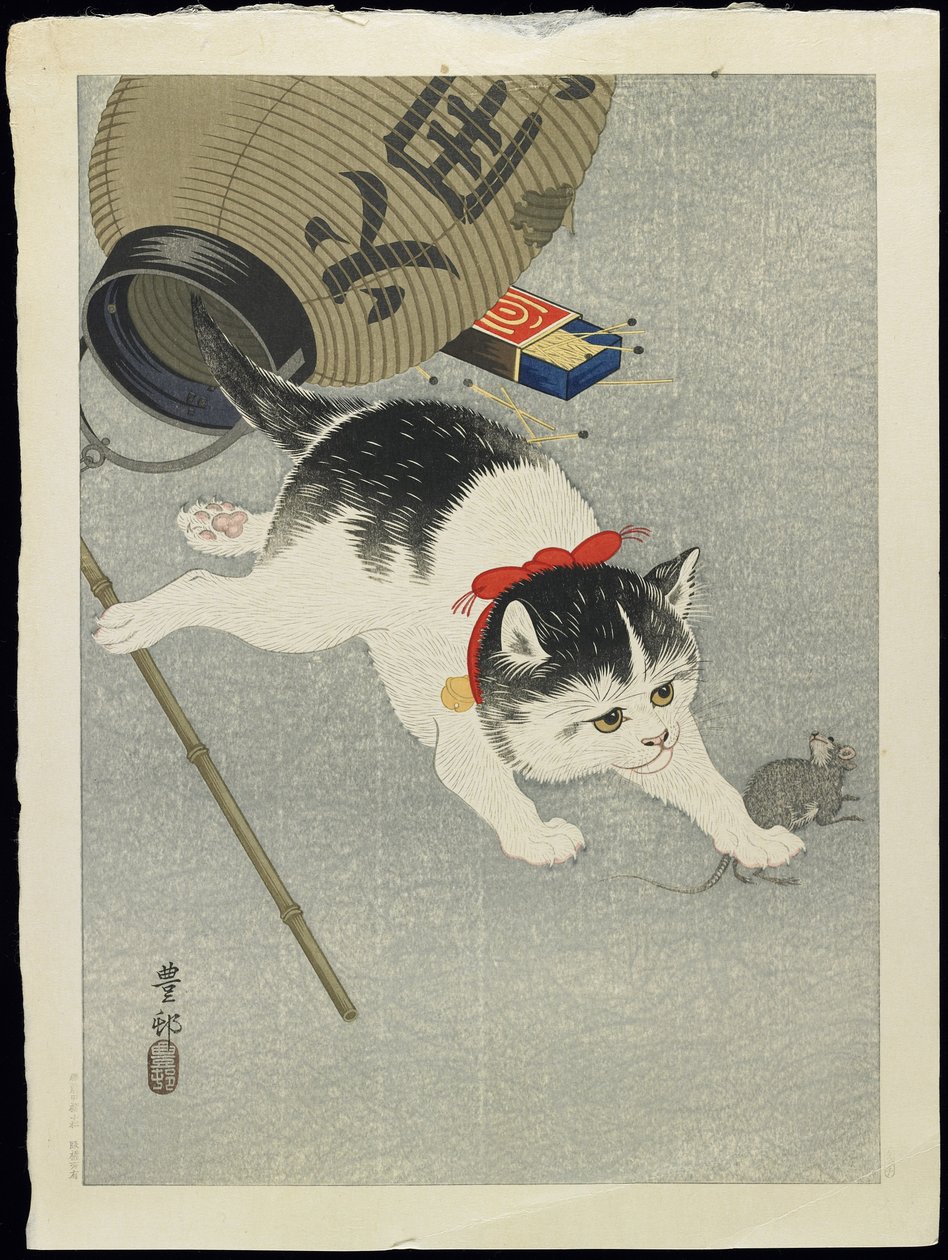 Cica és lámpás, 1930-as évek alkotó: Ohara Koson