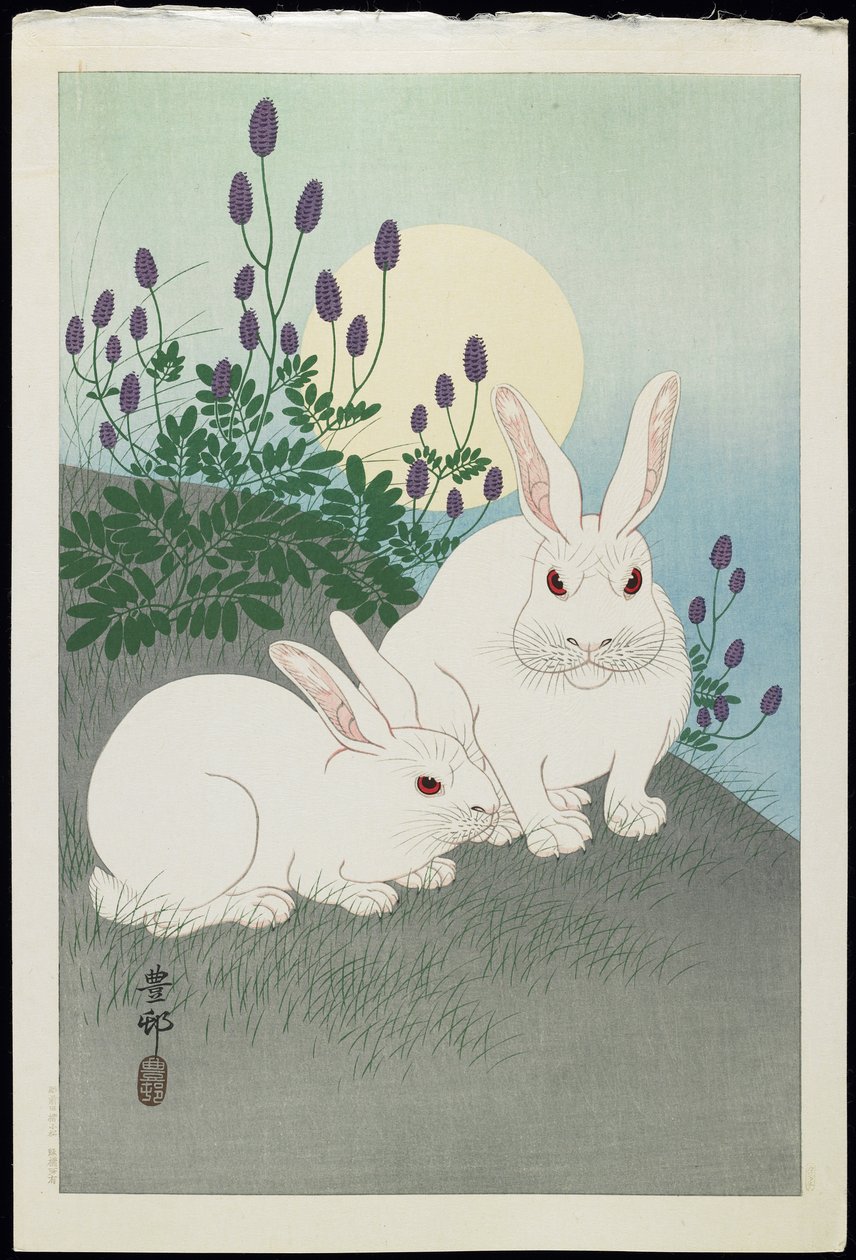 Két fehér nyúl telihold alatt, 1930-as évek alkotó: Ohara Koson