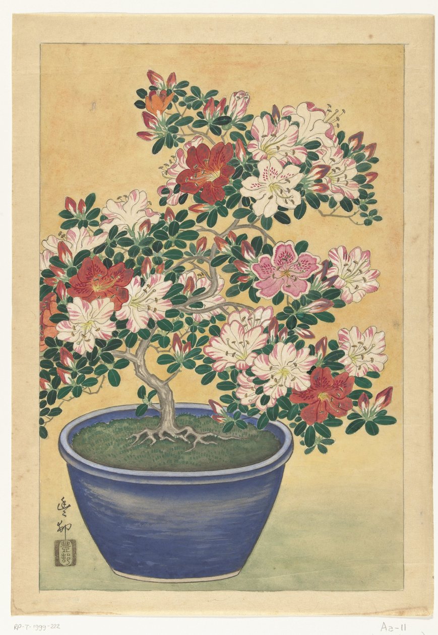 Virágzó azálea kék cserépben alkotó: Ohara Koson (signed by artist)