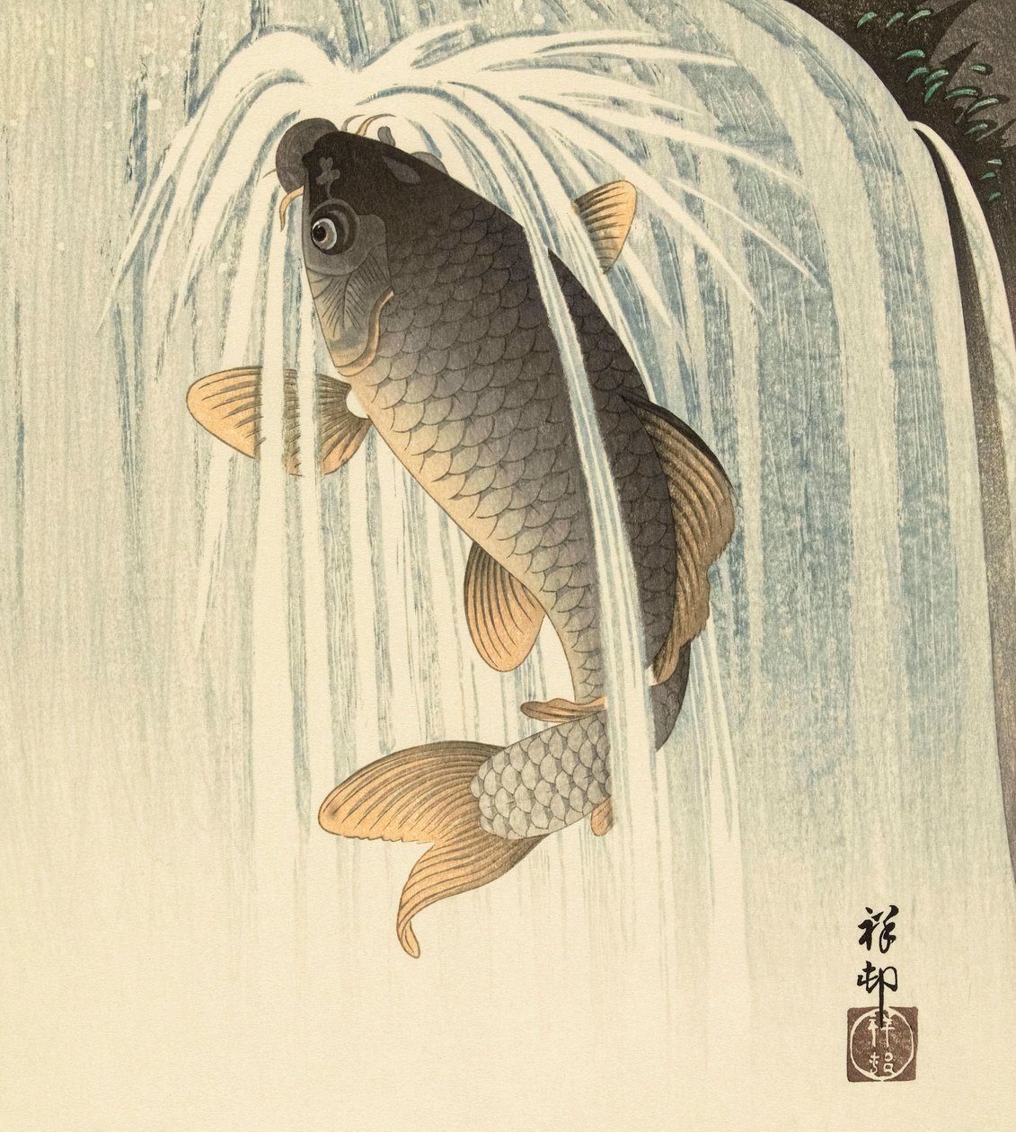 Ponty a vízesés alatt, Ohara Koson japán művésztől alkotó: Ohara Koson