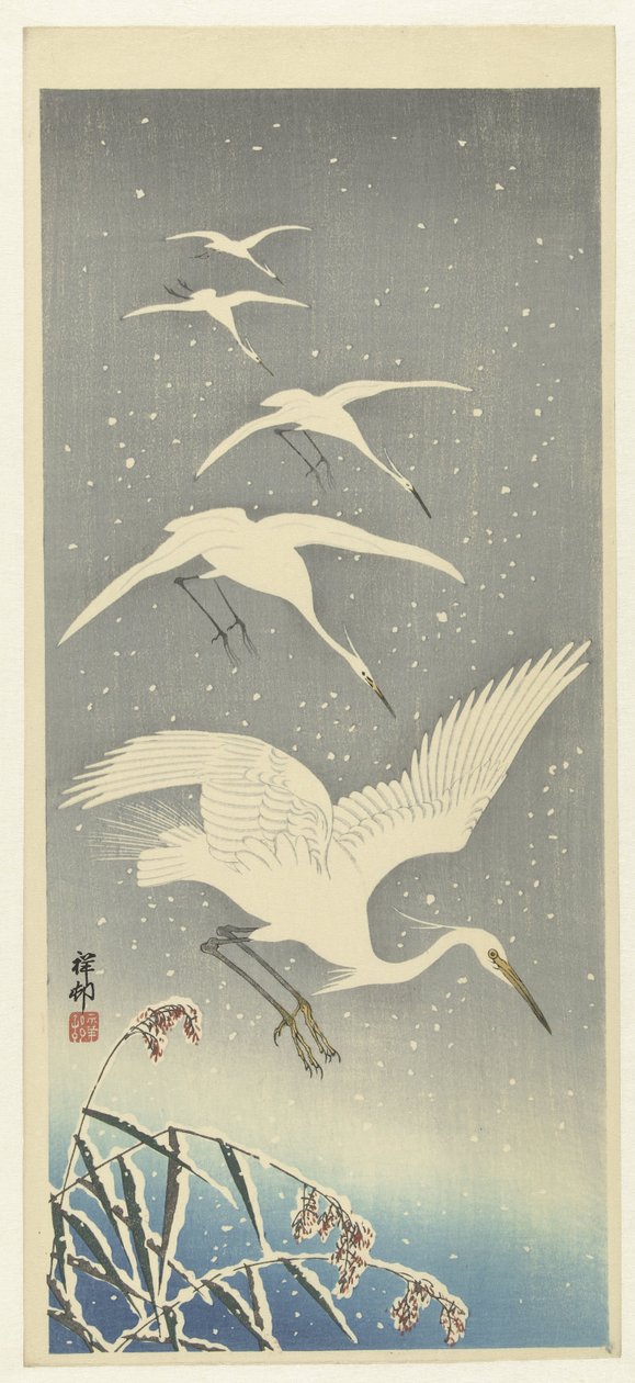 Leszálló kócsagok a hóban alkotó: Ohara Koson
