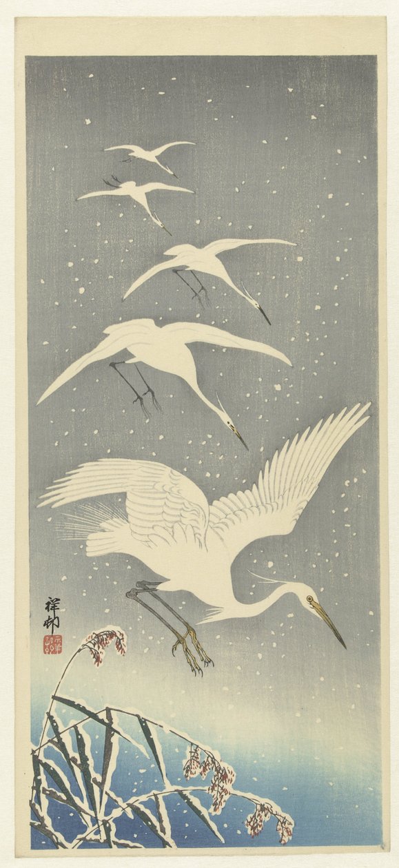 Leszálló kócsagok a hóban alkotó: Ohara Koson