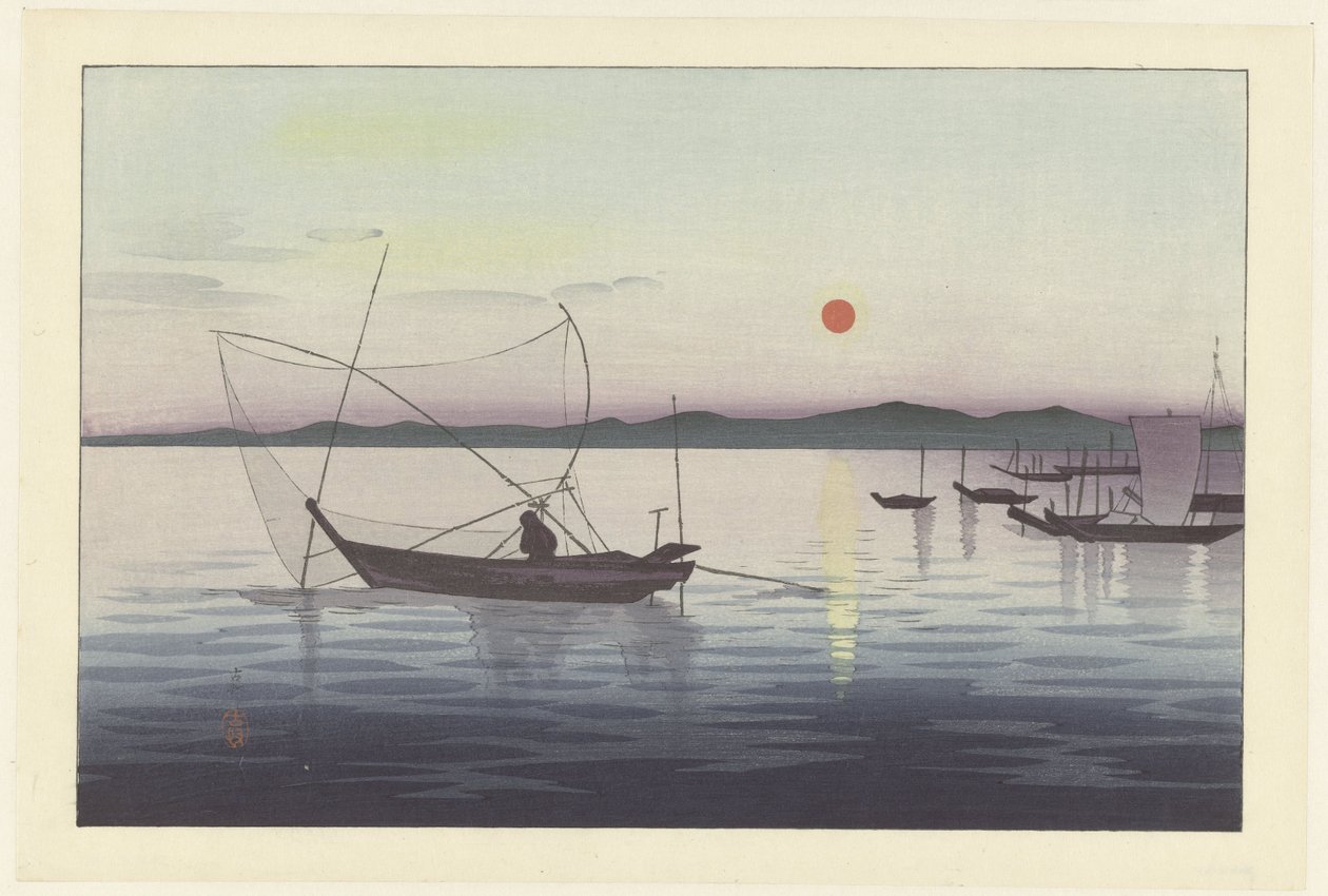 Halászhajók naplementekor alkotó: Ohara Koson