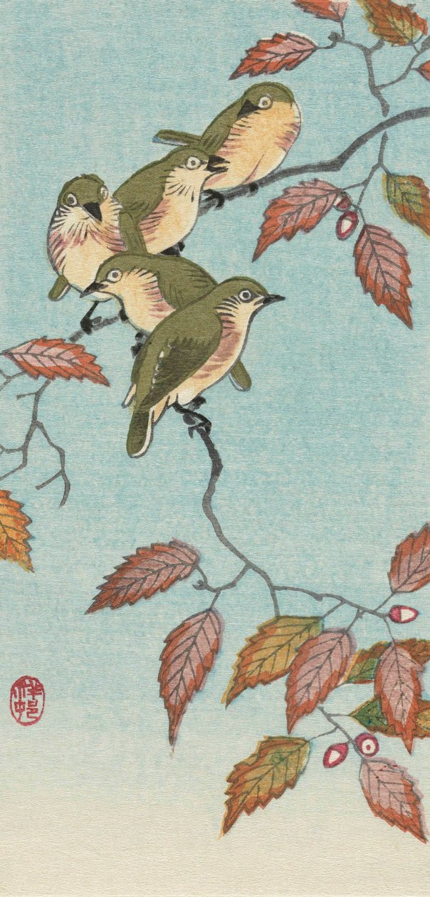Öt kis madár egy gallyon, Ohara Koson japán művésztől alkotó: Ohara Koson