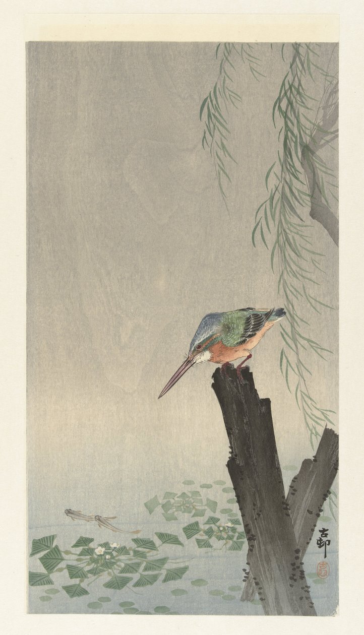 Kingfisher on a tree stump alkotó: Ohara Koson