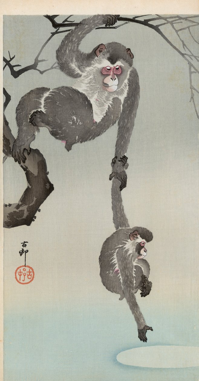 Majom és baba eléri a hold tükörképét alkotó: Ohara Koson