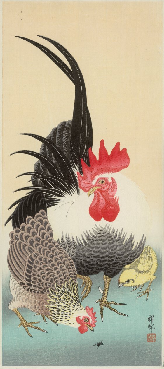 Kakas, tyúk és csibe hangyával (színes faminta) alkotó: Ohara Koson