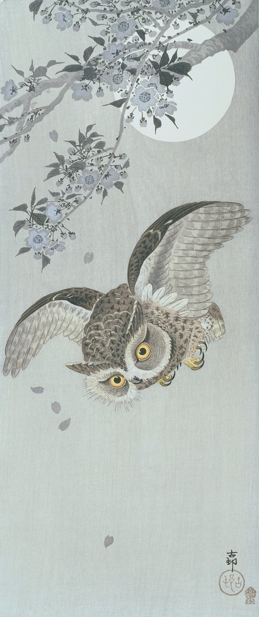 Repülő gombóc bagoly virággal és teliholddal (színes fatömbnyomat) alkotó: Ohara Koson