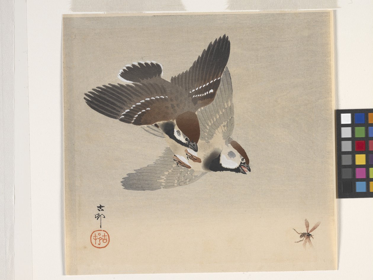 Repülő rovart kergető verebek (színes fatömbnyomat) alkotó: Ohara Koson