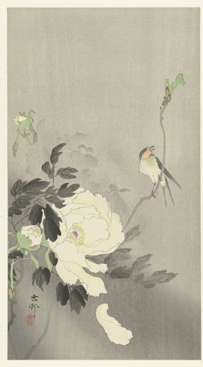 Nyelj bazsarózsával alkotó: Ohara Koson