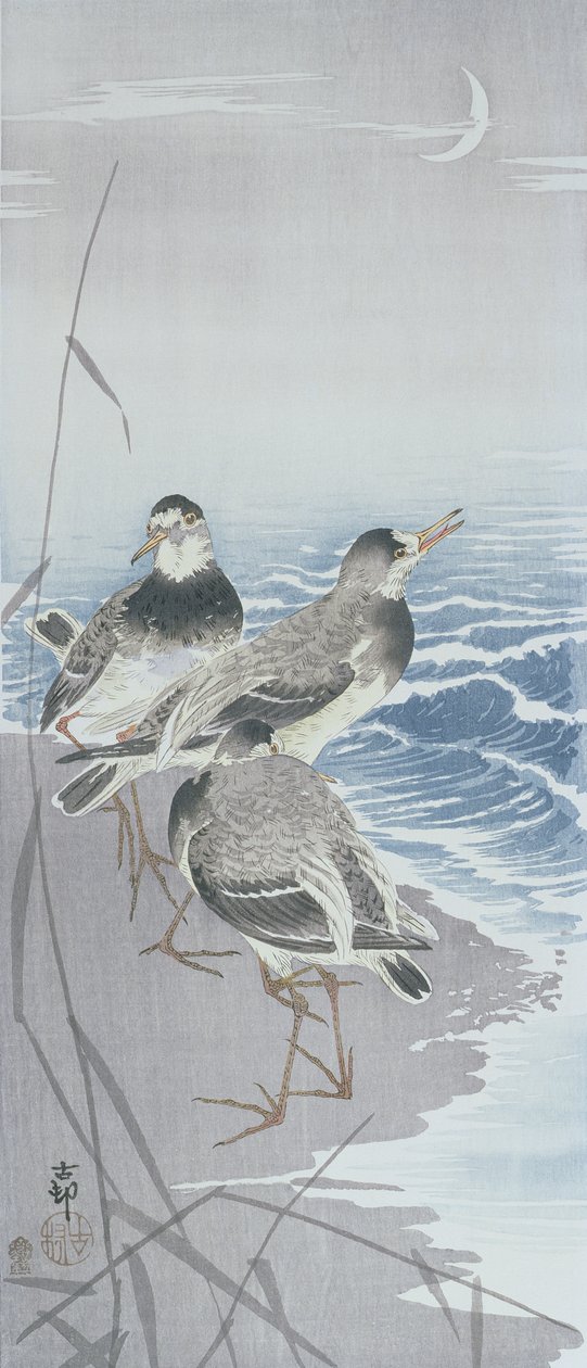 Három homokozó a vízparton, a nád előtt (színes fatömbnyomat) alkotó: Ohara Koson
