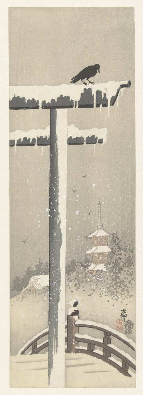 Torii a hóban alkotó: Ohara Koson
