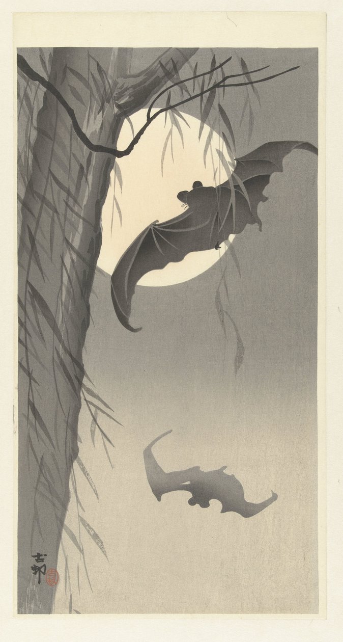 Két denevér teliholdkor alkotó: Ohara Koson