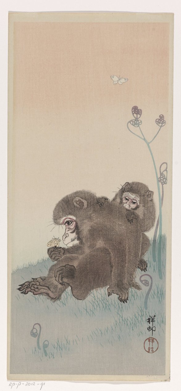 Két majom pillangóval, 1900-45 körül (színes fametszet) alkotó: Ohara Koson