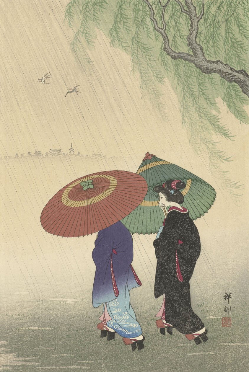 Két nő az esőben, 1925-36 (színes fametszet) alkotó: Ohara Koson
