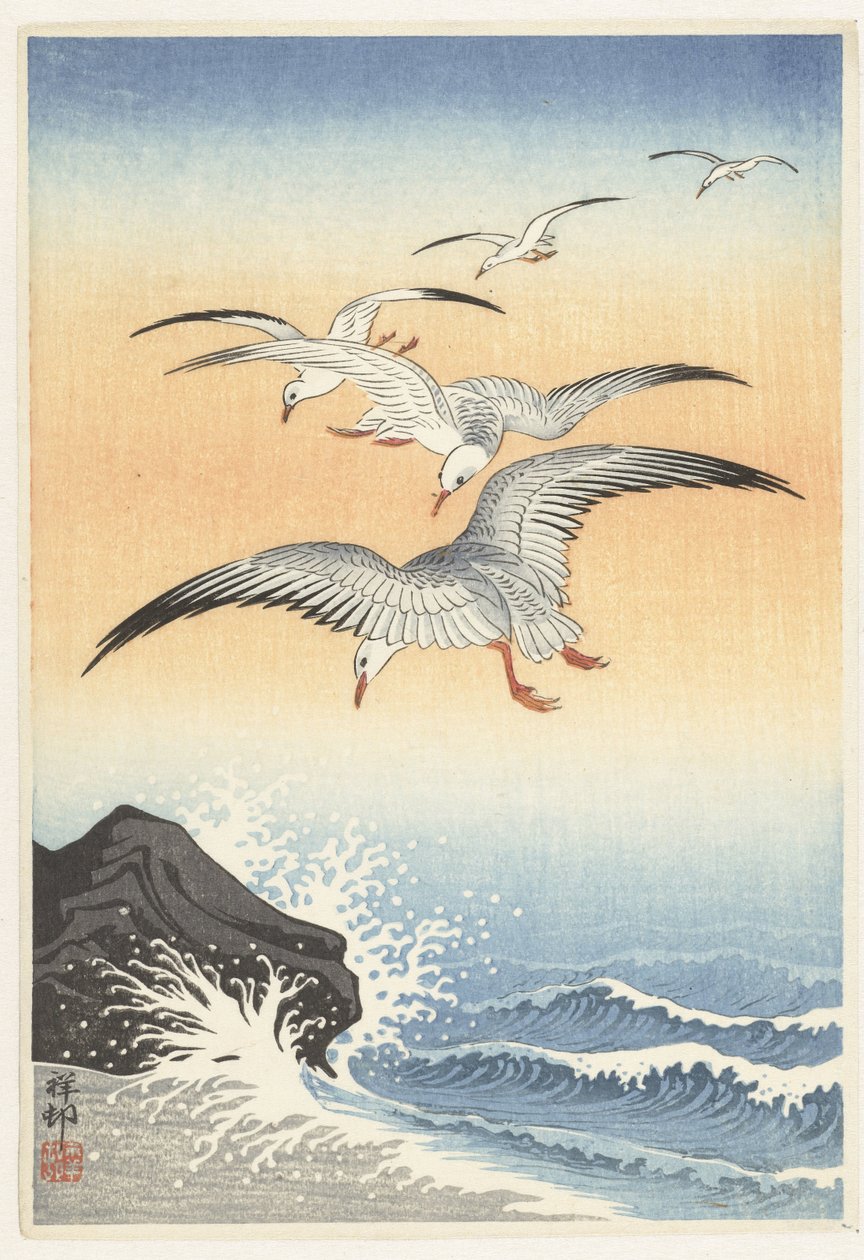 Öt sirály a viharos tenger felett alkotó: Ohara Koson