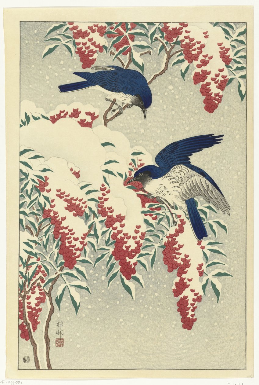 Légykapók egy nandina bokoron alkotó: Ohara Koson