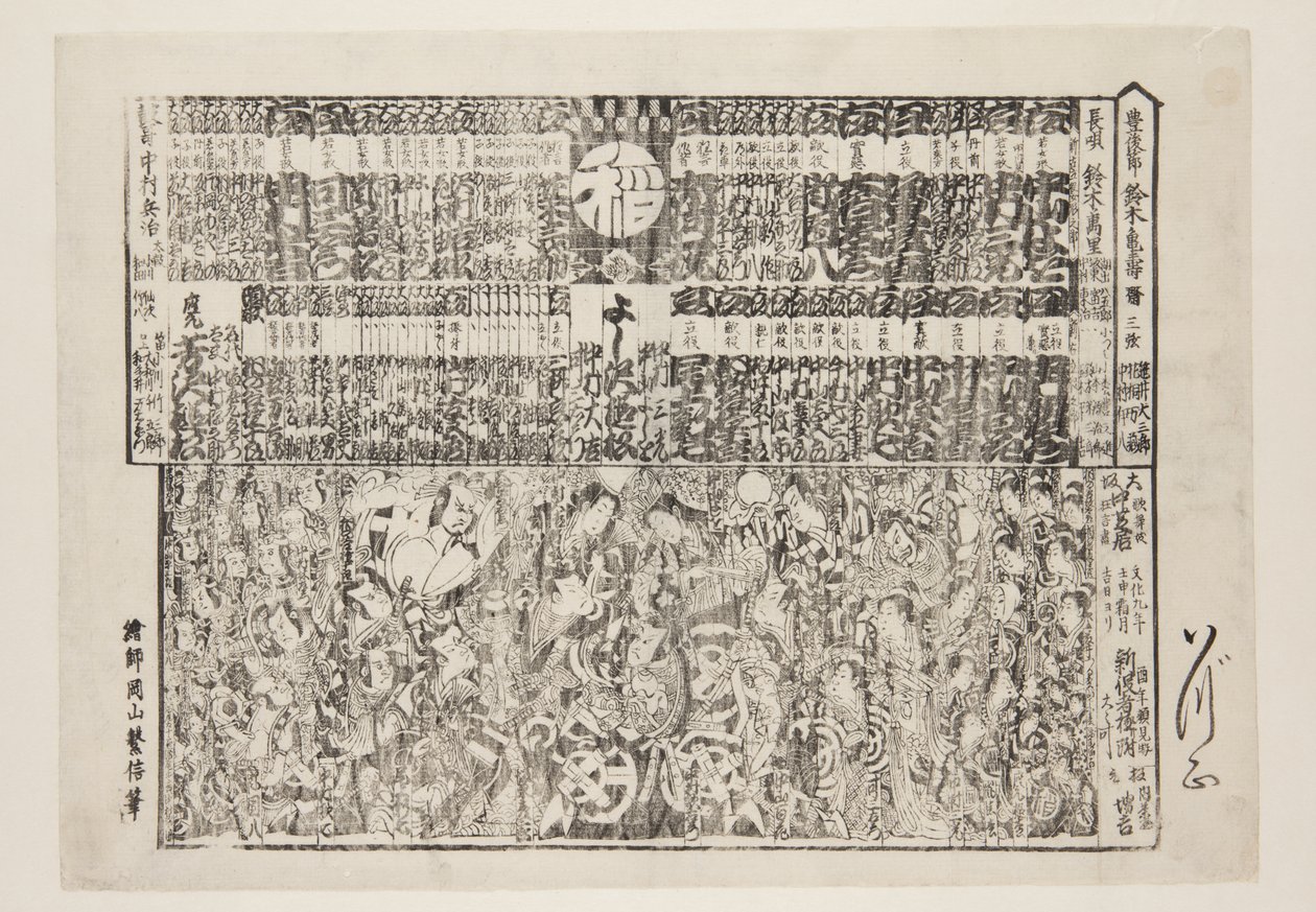 Playbill az évadnyitó programhoz (Kaomise banzuke) (színes fatömbnyomat) alkotó: Okayama Shigenobu