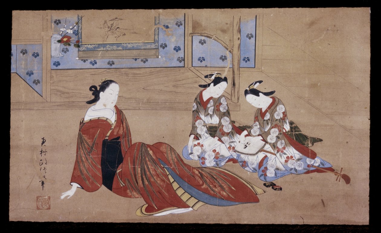 Nikuhitsu ukiyo-e: udvarhölgy és két kísérő, c. 1735 (tinta, szín és gofun papíron) alkotó: Okumura Masanobu