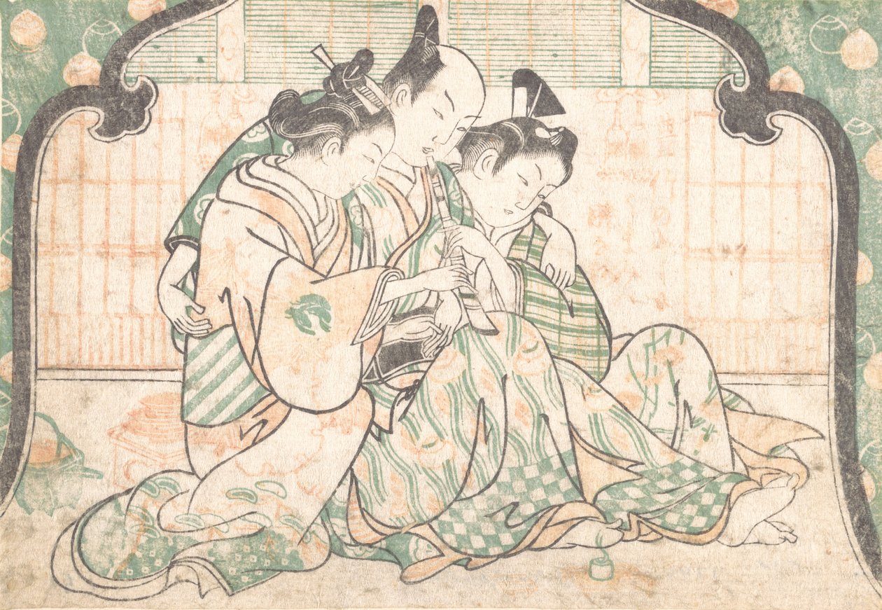 Egy fiatal férfi két nő között ül, kb. 1749., kb. 1749. alkotó: Okumura Masanobu
