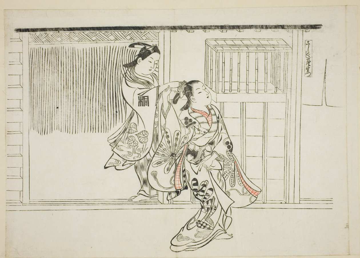 Comb Rashomon (Sashigushi Rashomon), no. 3. kép a 12 darabból álló, színdarabok paródiáit ábrázoló sorozatból. alkotó: Okumura Masanobu