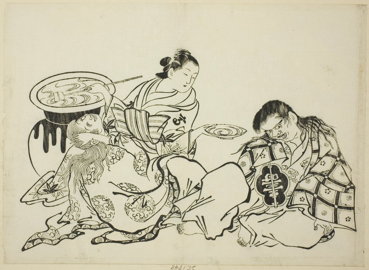 Courtesan Plying Shojo Sakéval, sz. 4 egy 12 nyomatból álló sorozatból alkotó: Okumura Masanobu