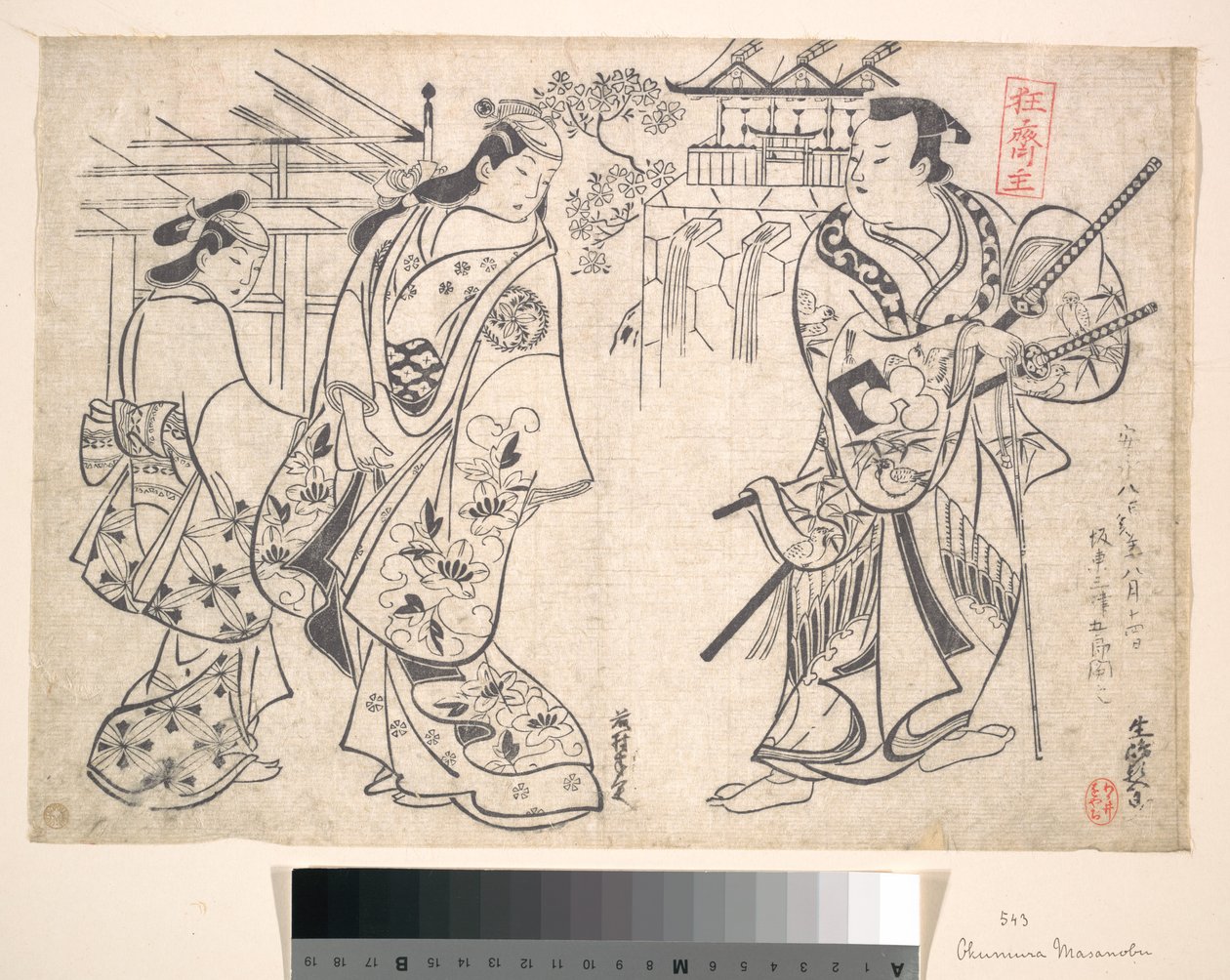 Ikushima Shingoro busiként (szamurájként) és Ogino Yaegiri nőként, fiatal kísérővel alkotó: Okumura Masanobu