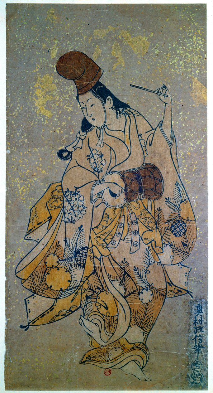 Zenész. Nő játszik a dob. Okumura Masanobu japán nyomata (1686-1764) alkotó: Okumura Masanobu