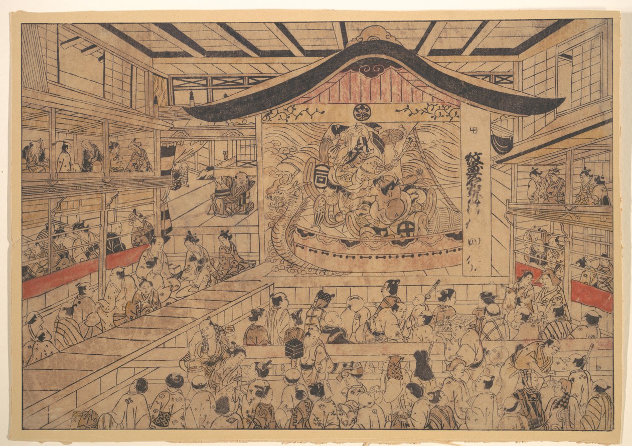 Perspektivikus látkép (uki-e) egy kabuki színházról, A Soga fivérek és Nagoya Sanza címermintái (Mon-zukushi Nagoya Soga) előadásával alkotó: Okumura Masanobu