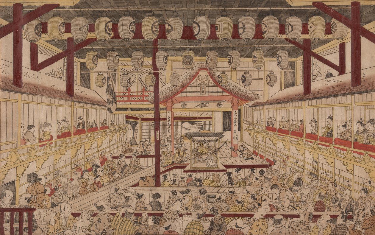 Perspektivikus kép a Nakamura Színház belsejéről Ichikawa Ebizo II-vel, mint Yanone Goro alkotó: Okumura Masanobu