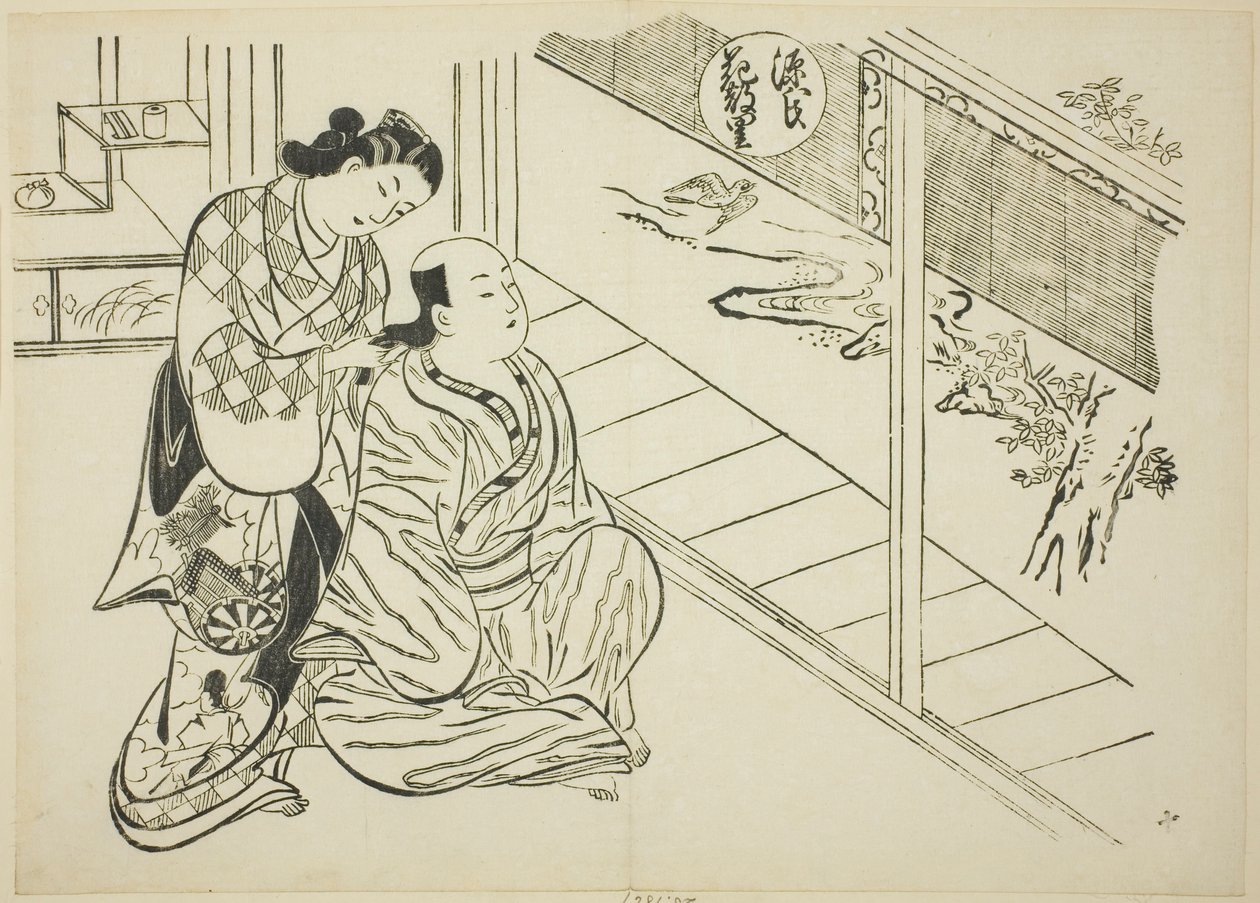 A Hanachirusato fejezet a "The Tale of Genji"-ből (Genji Hanachirusato), Genji paródiák sorozatából alkotó: Okumura Masanobu