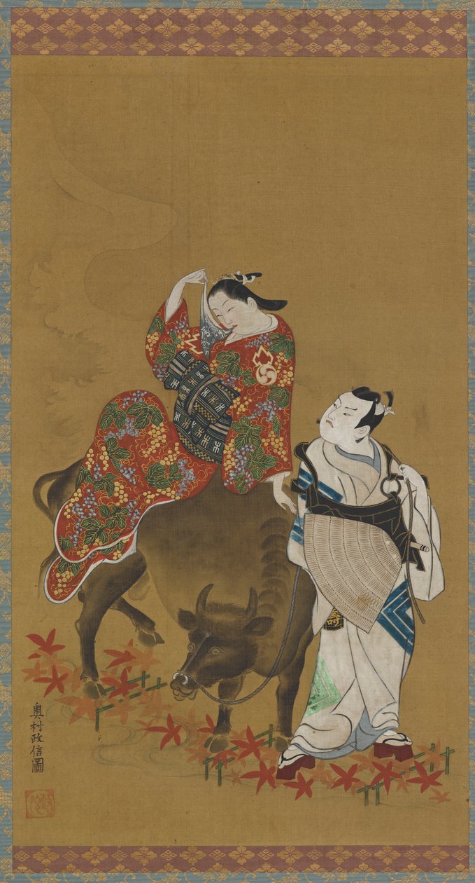 Két kabuki színész egy vízibivaly udvarhölgye és egy utazó pap szerepében, 1686-1764. alkotó: Okumura Masanobu