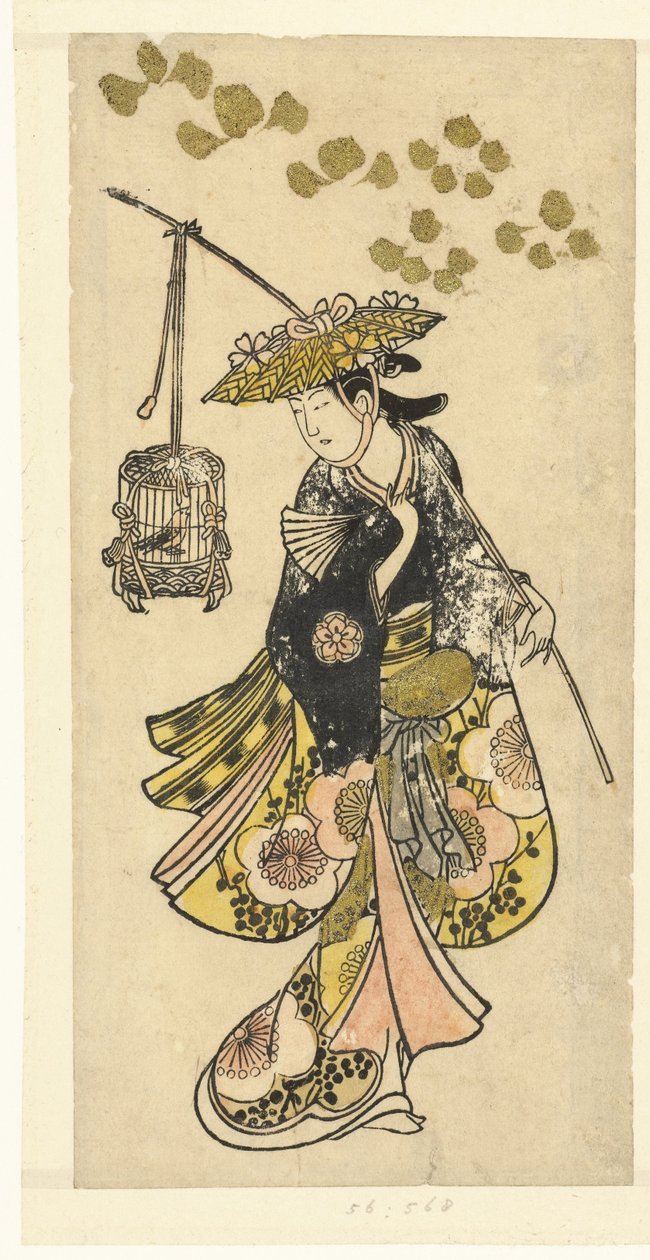 Fiatal nő madárkalitkával alkotó: Okumura Toshinobu (attributed to)