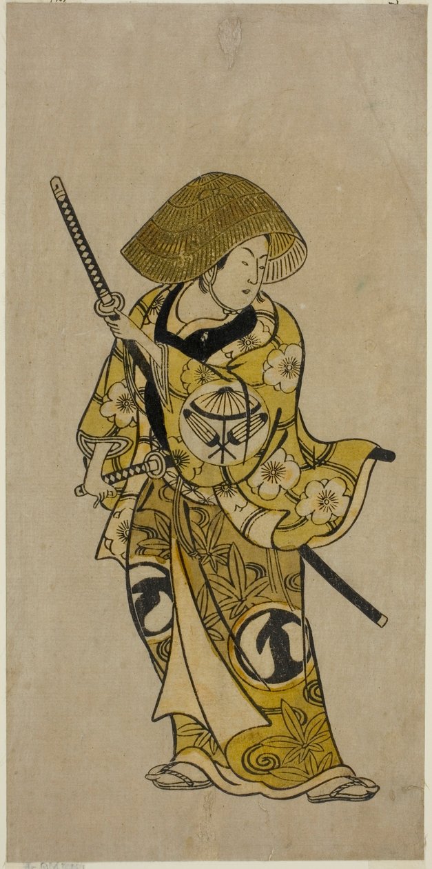 Sawamura Kamesaburo színész Nagoya Kosanza szerepében a „Keisei Fukubiki Nagoya” című darabban, amelyet a Nakamura Színházban mutattak be 1731 első hónapjában. alkotó: Okumura Toshinobu